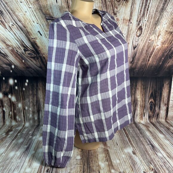 Christopher Banks Womens Size Small Purple White Plaid V Neck Top Blouse Shirt - Picture 3 of 11